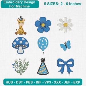 May include: A digital embroidery design set for machines featuring nine icons: a giraffe in a party hat, a blue flower, a white daisy, a blue mushroom with white spots, a blue polka-dot balloon, a blue butterfly, a floral sprig, a party hat, and a blue bow.
