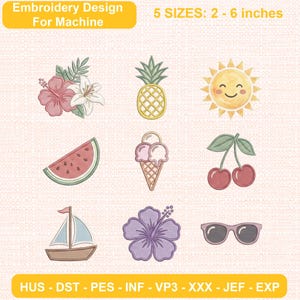 Summer Embroidery Design Bundle, Beach Icons, Machine Embroidery Set (DST, PES)