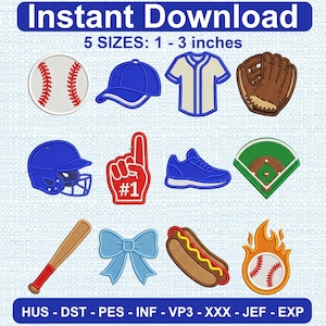 May include: A digital download graphic featuring baseball-themed designs. Includes a baseball, cap, jersey, glove, helmet, foam finger, shoe, baseball field, bat, bow, hot dog, and a baseball on fire. Sizes range from 1 to 3 inches.