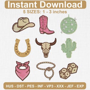May include: An image featuring embroidered designs of cowboy-themed elements. Included are a cowboy hat, a pink cowboy boot, a disco ball, a horseshoe, a bull skull, a cactus, a bandana, a lasso, and dice. The designs are available in 5 sizes, ranging from 1 to 3 inches.