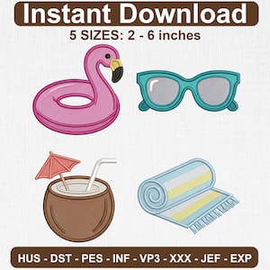 Poolside Summer Embroidery Design Set of 4, Flamingo Float Sunglasses Coconut Drink Beach Towel Icons, Tropical Machine Embroidery Files