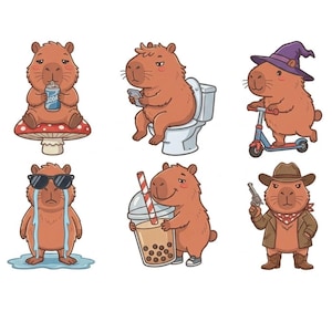 Op de afbeelding: Een set van zes cartoon capibara stickers. Eén zit op een paddenstoel met frisdrank, één op een toilet met een telefoon, één rijdt op een step met een heksenhoed, één huilt met een zonnebril, één houdt een boba thee vast, één draagt een cowboy outfit.