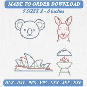 May include: Digital embroidery design file featuring four line art icons: a koala head, a kangaroo head, the Sydney Opera House, and a barbecue grill with flames. Text reads MADE TO ORDER DOWNLOAD, 5 SIZES: 2 - 6 inches, and HUS - DST - PES - VP3 - XXX - JEF - EXP.