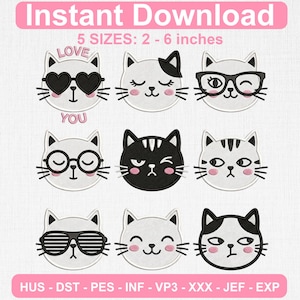 Kattansikte broderidesignpaket, Kawaii kattungeikoner (digital nedladdning)