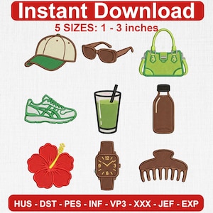 May include: An illustration featuring various accessories and items, including a baseball cap, sunglasses, a green handbag, a sneaker, a drink, a bottle, a hibiscus flower, a watch, and a hair clip. The text "Instant Download" and "5 SIZES: 1-3 inches" are displayed.