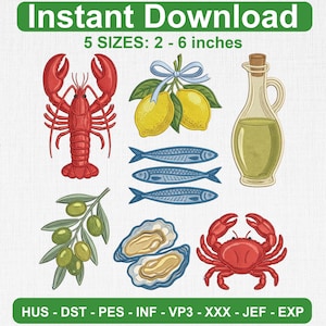 Italian Summer Seafood Embroidery Design Bundle, Lobster Lemon Olive Oil Machine Files (Digital Download)