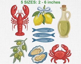Paquete de diseños de bordado de verano italiano en la costa, conjunto de iconos de mercado de mariscos mediterráneo, archivos de bordado a máquina de cocina con langosta y limón.