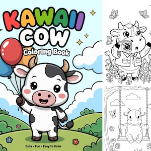 Può includere: La copertina di un "Kawaii Cow Coloring Book" presenta una mucca dei cartoni animati con palloncini. Il titolo è in lettere colorate. La mucca è bianca e nera con naso e guance rosa. Lo sfondo è un cielo blu con nuvole e colline verdi.