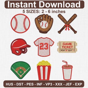 Puede incluir: Conjunto de diseños de bordado con temática de béisbol. Incluye una pelota de béisbol, un guante, bates cruzados, un casco, una camiseta con el número 23, una entrada, un campo de béisbol, palomitas de maíz y una bebida. Los diseños están disponibles en 5 tamaños, de 5 a 15 cm.