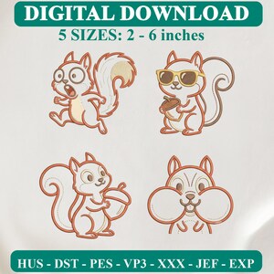 May include: A digital download embroidery design set featuring four squirrel illustrations. One squirrel runs with wide eyes, one wears yellow sunglasses holding an acorn, one holds an acorn, and one has full cheeks. Text includes DIGITAL DOWNLOAD, 5 SIZES: 2 - 6 inches, and file formats HUS, DST, PES, VP3, XXX, JEF, EXP.
