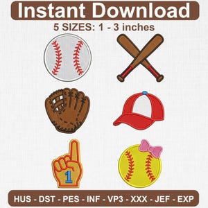 May include: A digital embroidery design set featuring a white baseball, two crossed brown bats, a brown baseball glove, a red baseball cap, a yellow number one foam finger, and a yellow softball with a pink bow, labeled 1-3 inches.
