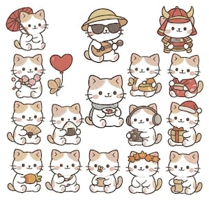 May include: A collection of seventeen white and tan cat illustrations in various poses and outfits, including a cat with a red umbrella, a cat with sunglasses and a guitar, a cat in samurai armor, a cat with a heart balloon, and a cat with headphones.