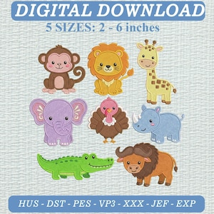 May include: Digital download embroidery designs featuring seven cartoon animals: a brown monkey, yellow lion, yellow giraffe, purple elephant, brown turkey, blue rhinoceros, green crocodile, and brown buffalo. Text reads: DIGITAL DOWNLOAD 5 SIZES: 2 - 6 inches.