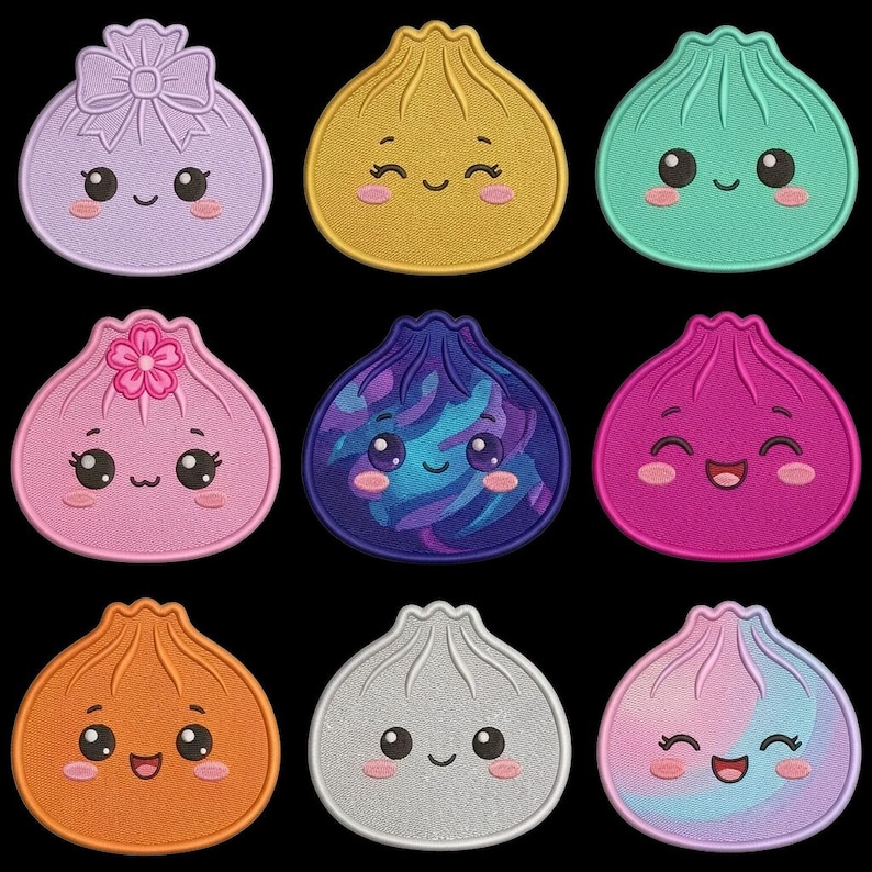 May include: A set of nine embroidered patches shaped like dumplings with various colors and facial expressions. The patches include solid colors like lavender, gold, teal, pink, magenta, orange, and silver, plus two with blue and pastel patterns.