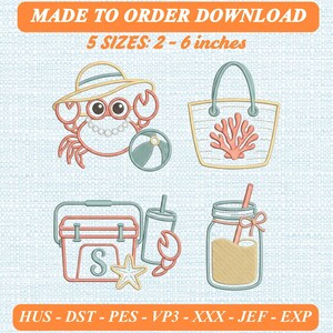Peut inclure: Ensemble de motifs de broderie numérique avec un crabe au chapeau et ballon de plage, un sac cabas avec corail, une glacière avec gobelet et étoile de mer, et un bocal avec paille. Texte : MADE TO ORDER DOWNLOAD, 5 SIZES: 5 - 15 cm, HUS - DST - PES - VP3 - XXX - JEF - EXP.