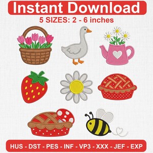 Könnte beinhalten: Gestickte Designs mit einem Korb mit Tulpen, einer Gans, einer Gießkanne mit Gänseblümchen, einer Erdbeere, einer Gänseblümchen, zwei Kuchen, einem Pilzkuchen und einer Biene. Der Text "Instant Download" und "5 GRÖSSEN: 5 - 15 cm" sind zu sehen.