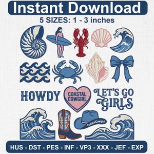 Paquete de diseños de mini bordados de vaquera costera azul, conjunto de parches de surf playero, iconos de conchas, olas, cangrejos, langostas, botas y sombreros, bordado a máquina de verano