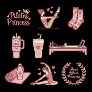 Puede incluir: Una colecci&oacute;n de ilustraciones rosas con tem&aacute;tica de Pilates sobre un fondo negro. Incluye texto que dice "Pilates Princess" y "Pilates Princess Fuel", junto con im&aacute;genes de calcetines, un reformador de Pilates, una botella de agua, una esterilla de yoga y una mujer haciendo Pilates.