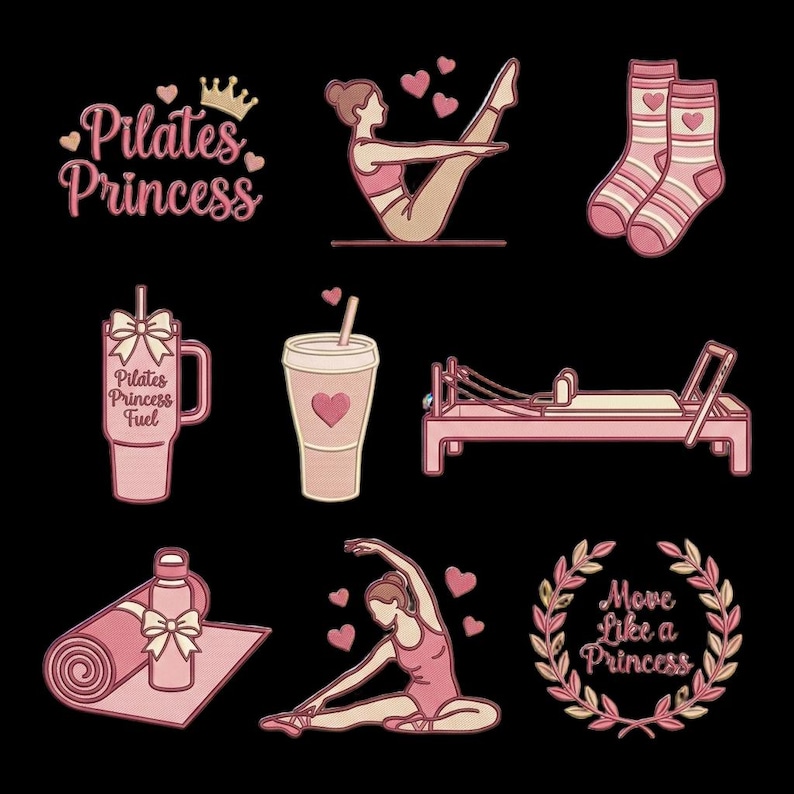 Puede incluir: Una colecci&oacute;n de ilustraciones rosas con tem&aacute;tica de Pilates sobre un fondo negro. Incluye texto que dice "Pilates Princess" y "Pilates Princess Fuel", junto con im&aacute;genes de calcetines, un reformador de Pilates, una botella de agua, una esterilla de yoga y una mujer haciendo Pilates.