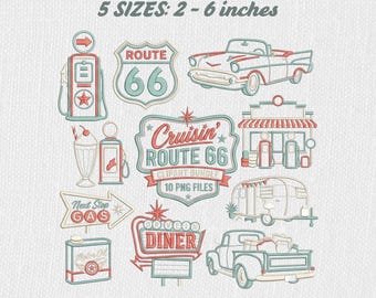 Vintage Americana Route 66 Embroidery Design Bundle, Classic Cars Diner (Digital Download)