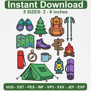 May include: A set of camping and hiking-themed illustrations, featuring a green tent, a backpack, a compass, and a map. The text "Instant Download" and "5 SIZES: 5 - 15 cm" are displayed at the top. The image also includes a boot, a lantern, and a campfire.