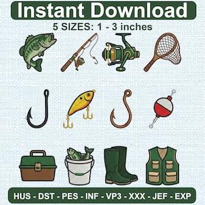 Puede incluir: Ilustración con elementos de pesca. Incluye un pez verde y blanco, caña de pescar, carrete, red, anzuelos, señuelo, flotador, caja de aparejos, cubo con peces, botas verdes y un chaleco. Texto: "Descarga instantánea" y "5 TAMAÑOS: 2.5 - 7.6 cm."