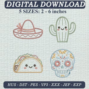 Kawaii mexikanska broderikoner, kaktus, taco, dödskalle (digital nedladdning)