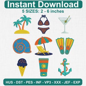 Coastal Beach Embroidery Design Bundle, Summer Nautical Icon Set, Palm Bikini Shell Anchor Machine Embroidery Files Made To Order