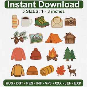 Cozy Camping Mini Embroidery Design Set, Tent Cabin Deer Boots Mug Camera Outdoor Files