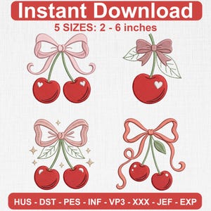 Può includere: Quattro disegni per ricamo digitale con ciliegie rosse e fiocchi rosa. Il testo recita Instant Download e 5 SIZES: 2 - 6 inches. I formati file sono HUS, DST, PES, INF, VP3, XXX, JEF ed EXP. Le ciliegie presentano piccoli cuori bianchi.