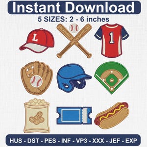 Puede incluir: Un conjunto de diseños de bordado con temática de béisbol. Incluye una gorra de béisbol roja, bates cruzados, una pelota de béisbol, una camiseta roja con el número 1, un guante de béisbol, un casco azul, un campo de béisbol, una bolsa de cacahuetes, un boleto azul y un perrito caliente. Los diseños están disponibles en 5 tamaños, de 5,08 a 15,24 cm.