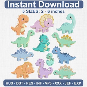 May include: A collection of colorful cartoon dinosaur designs in various poses. The image includes the text "Instant Download" and "5 SIZES: 2 - 6 inches". The dinosaurs are in shades of orange, pink, blue, and green. The image also includes file format information.
