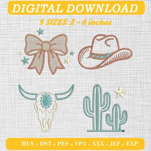 Western broderidesignpaket, Rodeo Cowgirl-ikoner, kaktusdödskallehatt (digital nedladdning)