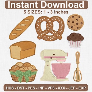 Puede incluir: Ilustración de varios productos horneados, incluyendo una baguette, pretzel, galleta, cupcake, pan de molde, cesta de panecillos, batidora de pie y batidor. El texto dice "Descarga instantánea" y "5 TAMAÑOS: 2.5-7.6 cm."