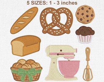 Paquete de diseños de mini bordados para repostería: pan, pretzels, galletas, muffins, batidora, archivos de cocina.