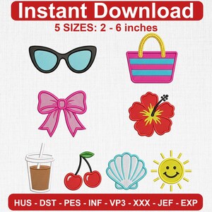 May include: Digital embroidery design set featuring seven icons: black cat-eye sunglasses, a pink and blue striped tote bag, a pink bow, a red hibiscus flower, a clear cup with brown liquid and straw, two red cherries, a seashell, and a yellow sun.