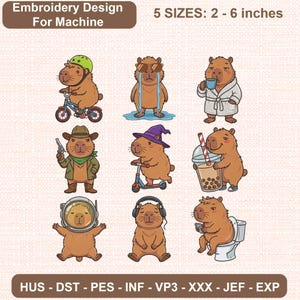 Op de afbeelding: Een digitale borduurontwerpset met negen cartoon-capibara's in diverse activiteiten, zoals fietsen, een cowboy-outfit dragen en een smartphone gebruiken op het toilet. Tekst: Embroidery Design For Machine, 5 SIZES: 5 - 15 cm.