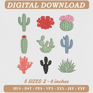 Broderipaket med kaktus och ökenflora, 9 miniikoner, ren konturstil (digital nedladdning)