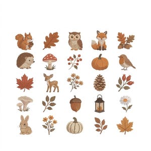 Könnte beinhalten: Eine Sammlung von fünfundzwanzig gestickten Aufnähern mit Waldtieren wie Eichhörnchen, Eule, Fuchs, Igel, Reh und Hase sowie herbstlichen Motiven wie Kürbissen, Pilzen, Tannenzapfen, Eicheln, Beeren und verschiedenen Blättern.