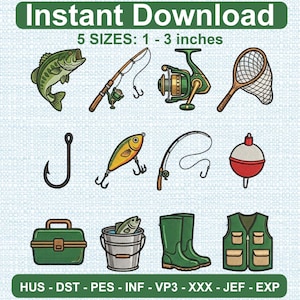 Puede incluir: Ilustración con diseños de pesca. Incluye un pez verde, cañas de pescar, un carrete, una red, un anzuelo, un señuelo, un flotador, una caja de aparejos, un cubo con un pez, botas verdes y un chaleco de pesca. Texto: "Instant Download" y "5 TAMAÑOS: 2.5 - 7.6 cm".