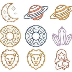 Celestial Zodiac Mini Icons Embroidery Set, Kawaii Astrology Machine Embroidery Bundle (Digital Download)