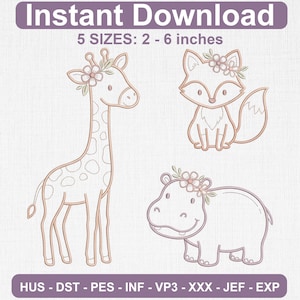 May include: Digital embroidery design featuring a giraffe, a fox, and a hippo, each adorned with a small floral crown. The text reads Instant Download, 5 SIZES: 2 - 6 inches, and HUS - DST - PES - INF - VP3 - XXX - JEF - EXP.