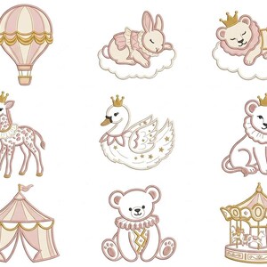 May include: A collection of nine embroidered patches featuring a hot air balloon, a sleeping rabbit on a cloud, a sleeping lion with a crown on a cloud, a giraffe, a swan with stars, a lion with a crown, a circus tent, a teddy bear, and a carousel.
