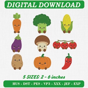 Puede incluir: Un conjunto de diseños de bordado para descarga digital con nueve personajes de verduras: zanahoria, brócoli, maíz, berenjena, champiñón, tres tomates, patata, calabaza y chile. El texto dice: DIGITAL DOWNLOAD, 5 SIZES: 2 - 6 inches.
