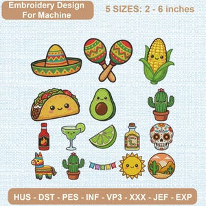 以下が含まれることがあります： ミシン刺繍デザイン、5サイズ展開（5-15cm）。ソンブレロ、マラカス、トウモロコシ、タコス、アボカド、サボテン、ホットソース、マルガリータ、ライム、テキーラ、シュガースカル、ピニャータ、ガーランド、太陽、砂漠の風景のイラストが含まれています。