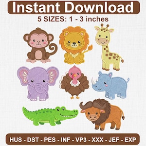May include: An image featuring embroidered animal designs, including a monkey, lion, giraffe, elephant, turkey, rhino, crocodile, and buffalo. The text "Instant Download" and "5 SIZES: 1 - 3 inches" are displayed at the top. The bottom of the image lists embroidery file formats.