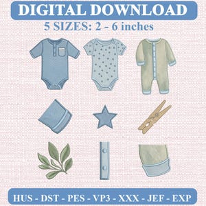 May include: A digital download embroidery design set featuring baby clothing items including a blue henley bodysuit, a star-patterned bodysuit, a sage green romper, a folded cloth, a star shape, a clothespin, a leaf sprig, and button details.
