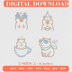 Op de afbeelding: Digitaal borduurontwerp met vier capibara-illustraties: één met stervormige bril, één met feesthoedje en cupcake, één in een theekopje, en één met zonnebril en sjaal. De tekst luidt DIGITAL DOWNLOAD en 5 SIZES: 2 - 6 inches.