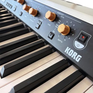 May include: Close-up of a Korg synthesizer keyboard. The black and white keys are in focus, with wooden knobs and control panel details visible. The word "KORG" is printed on the panel.