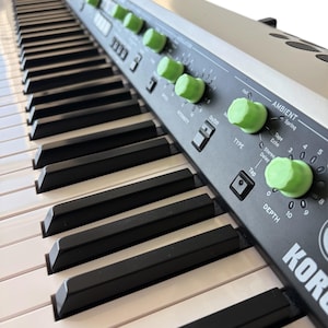 May include: A close-up of a Korg synthesizer keyboard. The keys are black and white, with green knobs and control panel. The panel has text that reads "AMBIENT", "TYPE", and "DEPTH".